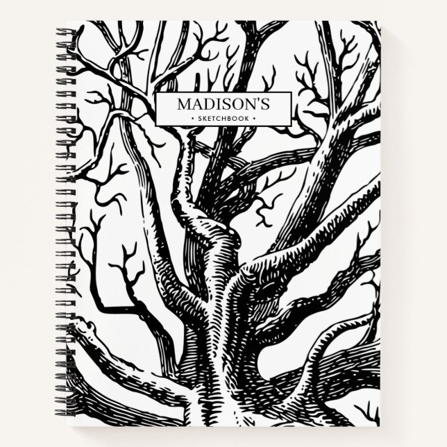 Rustic Black & White Abstract Tree Sketchook Notebook (Front)