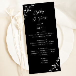 Rustic Black & White Botanical Wedding Menu Card