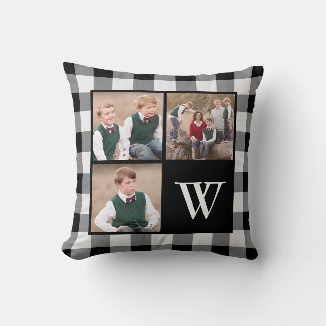 Rustic Black White Buffalo Check 3 Photo Monogram Cushion (Front)
