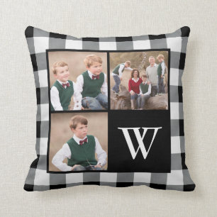 Rustic Black White Buffalo Check 3 Photo Monogram Cushion