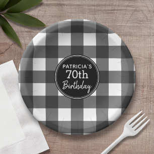 Rustic Black & White Buffalo Check Birthday Party Paper Plate