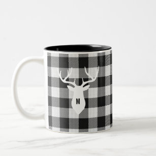 Rustic Black White Buffalo Check Deer Monogrammed Two-Tone Coffee Mug