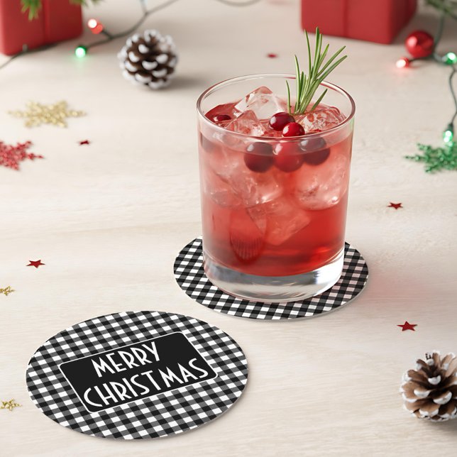 Rustic Black & White Buffalo Plaid Merry Christmas Round Paper Coaster (Creator Uploaded)