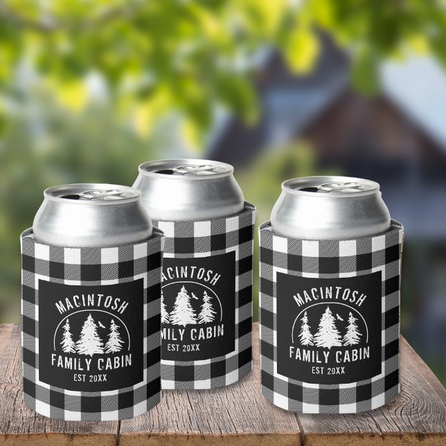 Rustic Black White Buffalo Plaid Woods Personalise Can Cooler (Creator Uploaded)