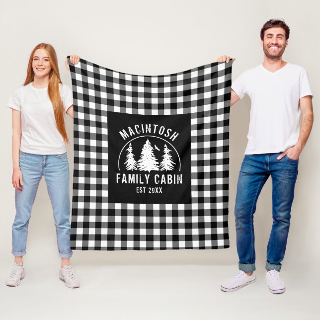 Rustic Black White Buffalo Plaid Woods Personalise Fleece Blanket (In Situ)