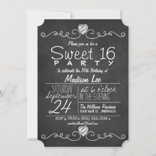 Rustic Black & White Chalkboard Sweet 16 Party Invitation