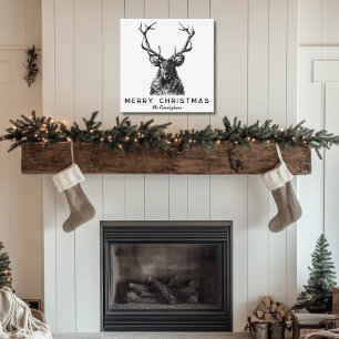 Rustic Black White Deer Christmas Monogram Canvas Print