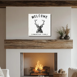 Rustic Black White Deer Welcome Canvas Print