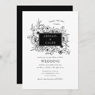 Rustic Black & White Floral Ink Wedding Invitation