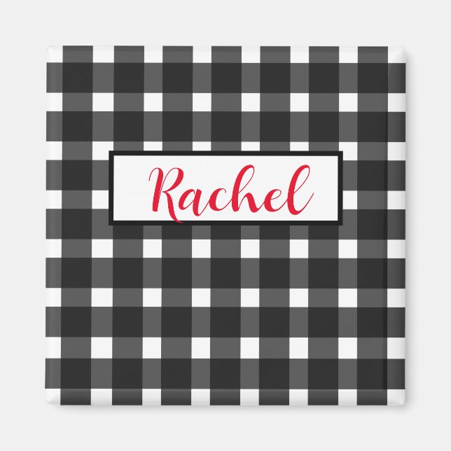 Rustic Black White Gingham Personalised Magnet (Front)