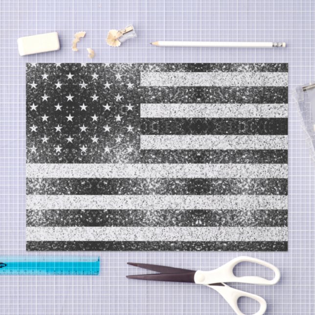 Rustic Black White Grey Sparkles USA flag  Tissue Paper (Craft)