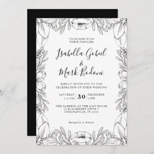 Rustic Black White Hand Sketched Floral Wedding Invitation