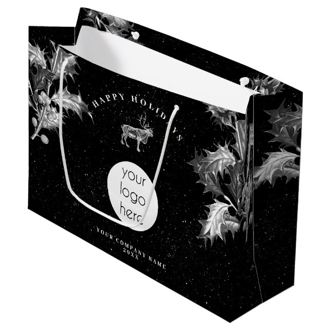 Rustic Black White Holiday Business Logo Christmas Large Gift Bag (Front Angled)