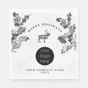Rustic Black White Holiday Business Logo Christmas Napkin