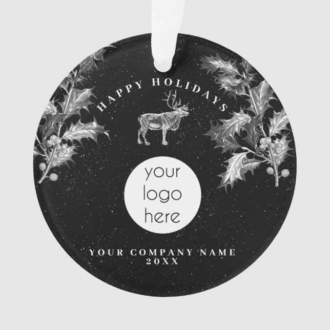 Rustic Black White Holiday Business Logo Christmas Ornament (Front)