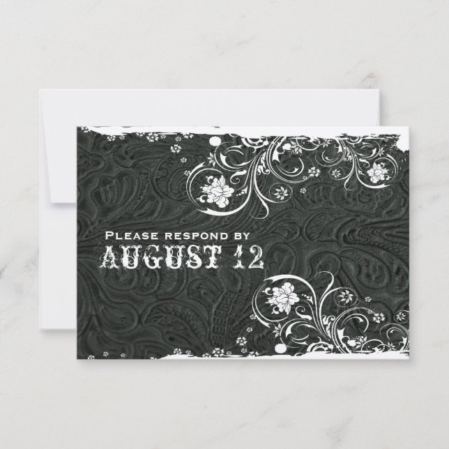 Rustic Black White Leather RSVP Card (Front)