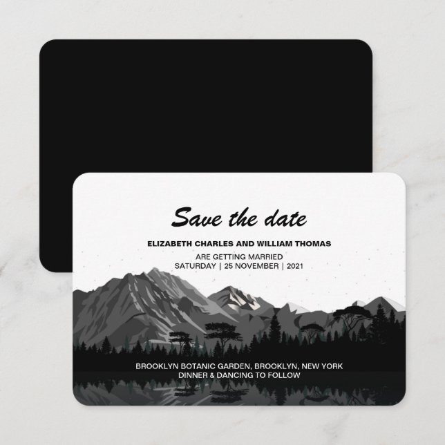 Rustic Black & White Mountains Save The Date Card (Front/Back)