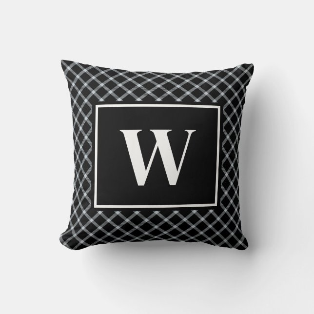 Rustic Black & White Plaid Monogram Cushion (Front)