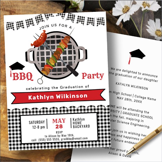 Rustic Black White Plaid Red Script GRAD BBQ Party Invitation (Creator Uploaded)