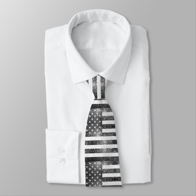 Rustic Black White Silver Sparkles USA flag  Tie (Tied)