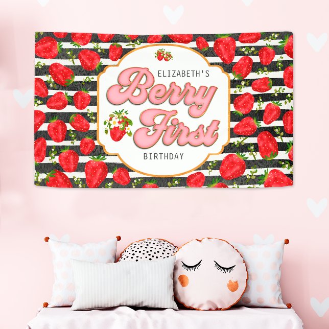 Rustic Black White Stripes Berry First Birthday Banner (Creator Uploaded)