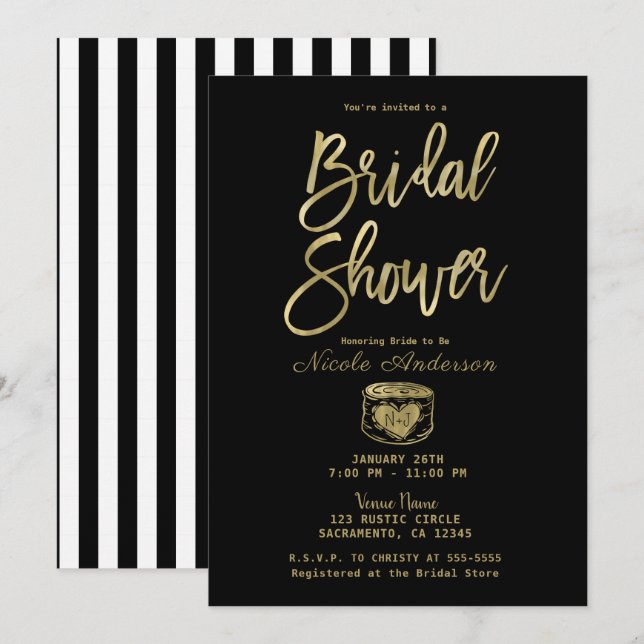 Rustic Black White Stripes & Gold Bridal Shower   Invitation (Front/Back)