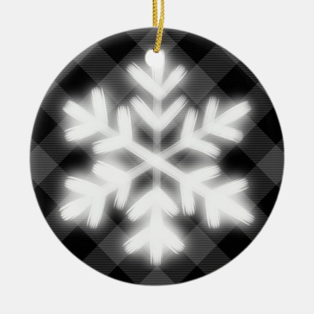 Rustic Black white Tartan plaid  snow flake detail Ceramic Ornament (Front)