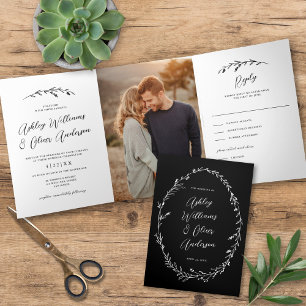 Rustic Black White Wildflower Boho Photo Wedding Tri-Fold Invitation