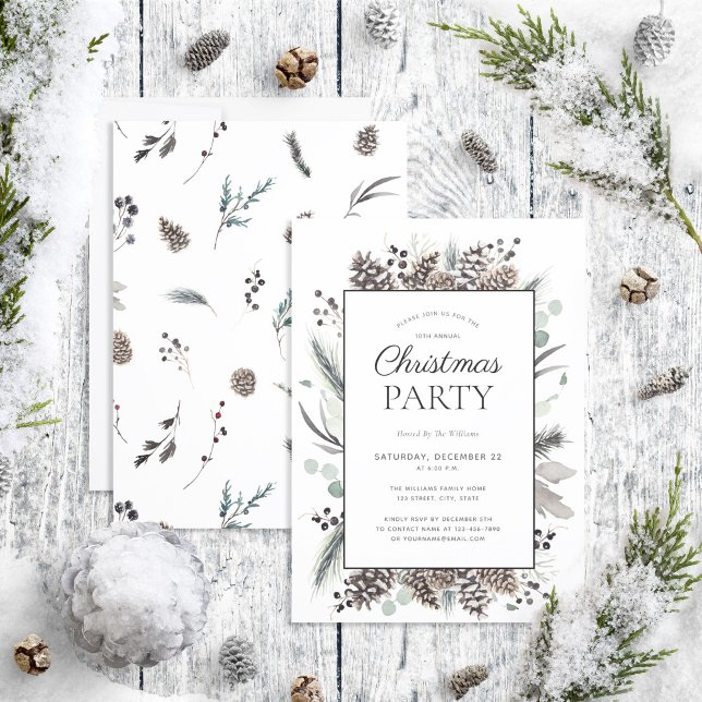 Rustic Black Winter Pinecone Christmas Party Invitation (Creator Uploaded)