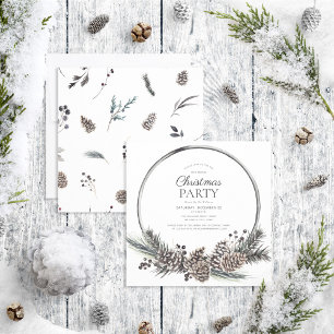 Rustic Black Winter Pinecone Wreath Holiday Party Invitation