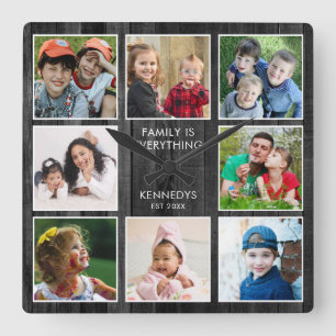 Rustic Black Wood 8 Photo Collage Family Quote  Square Wall Clock