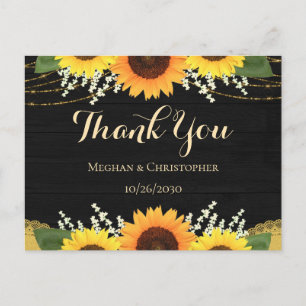 Rustic Black Wood Gold Sunflower Wedding Thank You Postcard