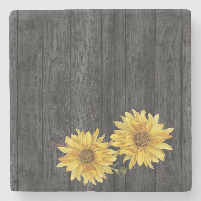 Rustic Black Wood Grain and Sunflower Coaster (Front)