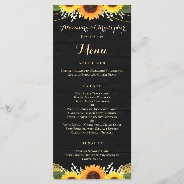 Rustic Black Wood Lights Lace Sunflower Wedding Menu (Front)
