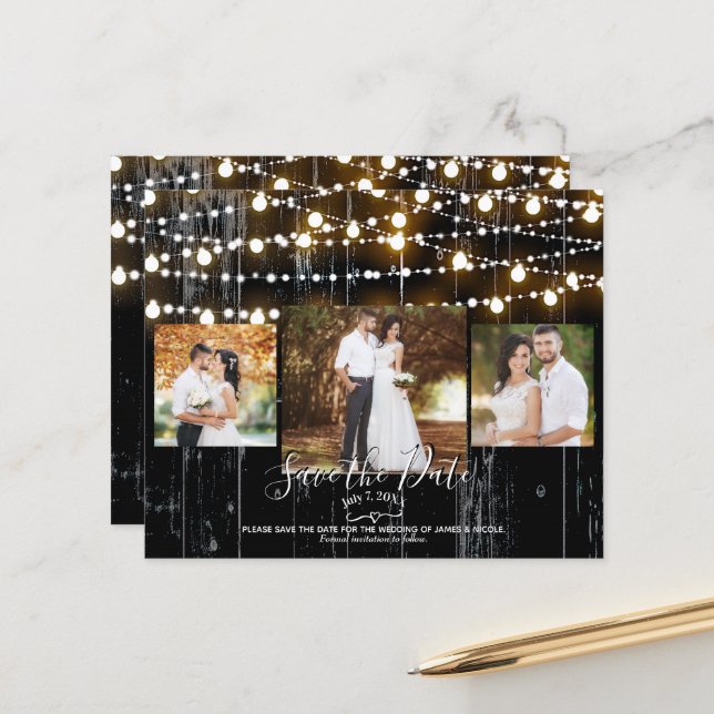 Rustic Black Wood & Lights Photo Save the Date (Front/Back In Situ)