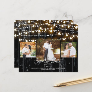 Rustic Black Wood & Lights Photo Save the Date