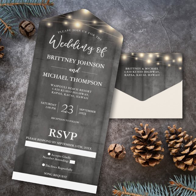 Rustic Black Wood String Light Wedding Song All In One Invitation (Creator Uploaded)