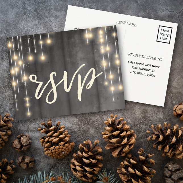 Rustic Black Wood String Lights Invitation Postcard (Creator Uploaded)
