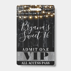 Rustic Black Wood String Lights Sweet 16 VIP Pass ID Badge