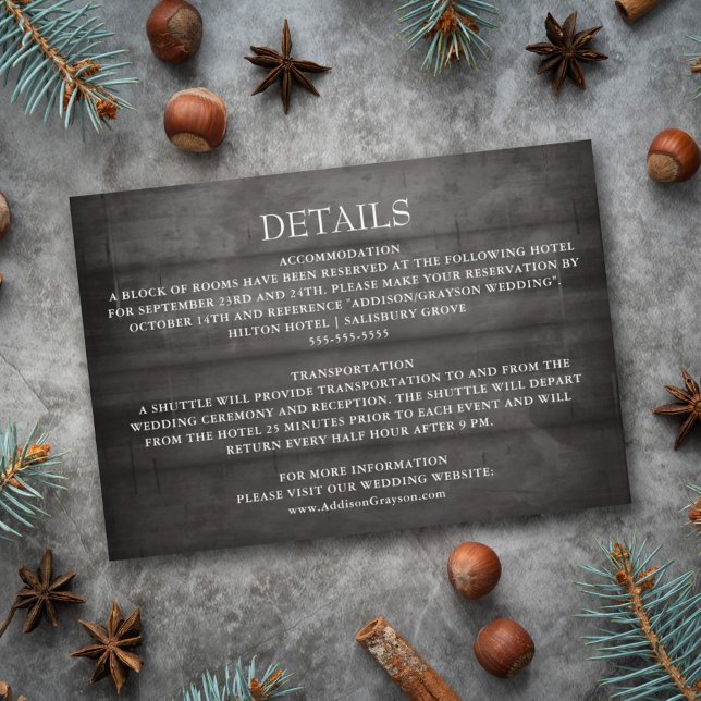 Rustic Black Wood String Lights Wedding Details Enclosure Card (Creator Uploaded)