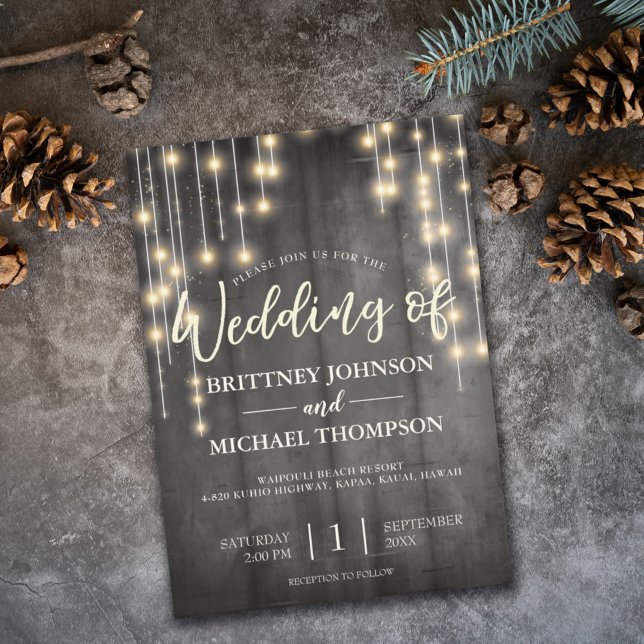 Rustic Black Wood String Lights Wedding Invitation (Creator Uploaded)