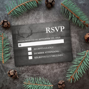 Rustic Black Wood String Lights Wedding RSVP Card