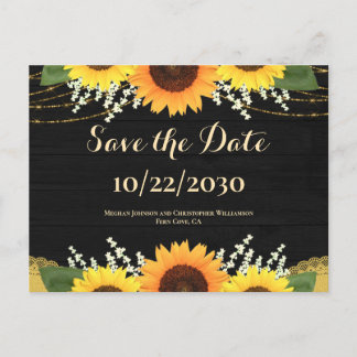 Rustic Black Wood Sunflower Wedding Save the Date Announcement Postcard