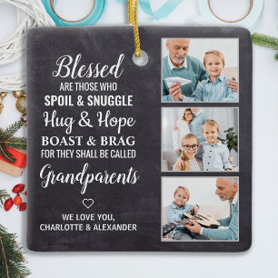 Rustic Blessed Grandparents Personalised 3 Photo Ceramic Ornament