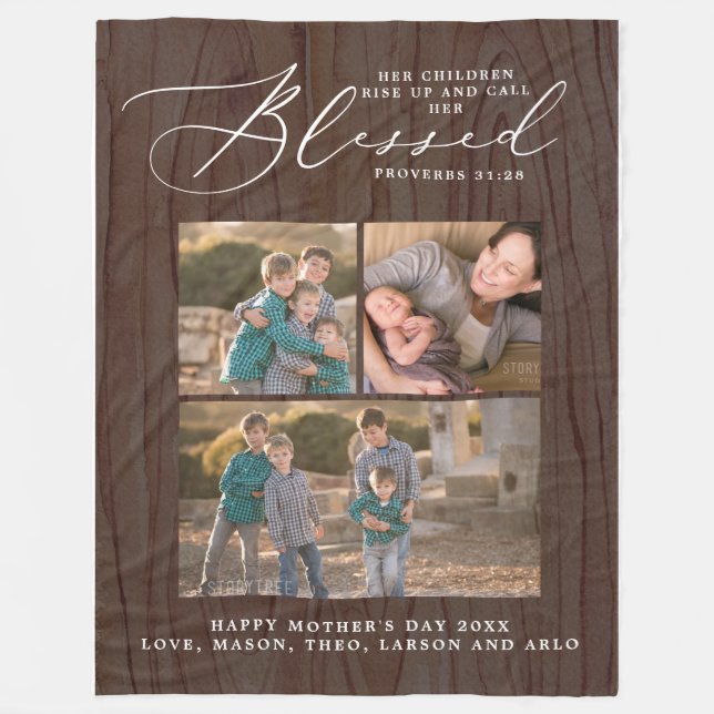 Rustic Blessed Mum Proverbs 31 Scripture 3 Photo Fleece Blanket (Front)