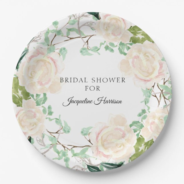 Rustic Bloom Bridal Shower Floral Ivory Peach Rose Paper Plate (Front)