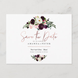 Rustic Bloom, Burgundy Flowers Save the Date Postcard