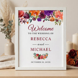 Rustic Bloom Burgundy Flowers Wedding Welcome Sign