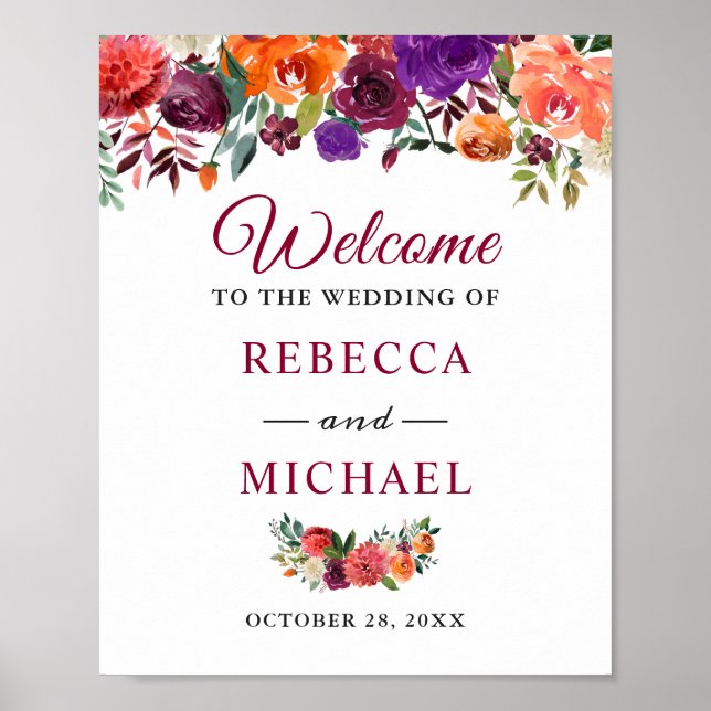 Rustic Bloom Burgundy Flowers Wedding Welcome Sign (Front)