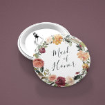 Rustic Bloom Maid of Honour 6 Cm Round Badge<br><div class="desc">Identify the key players at your bridal shower or rehearsal dinner with our elegant,  sweetly chic floral buttons. Button features a watercolor floral wreath of roses,  peonies and mums in rich autumn hues,  with "maid of honour" inscribed inside in hand lettered script. Designed to match our Rustic Bloom collection.</div>